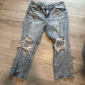 Trendy Distressed Boyfriend Jeans in Light Blue